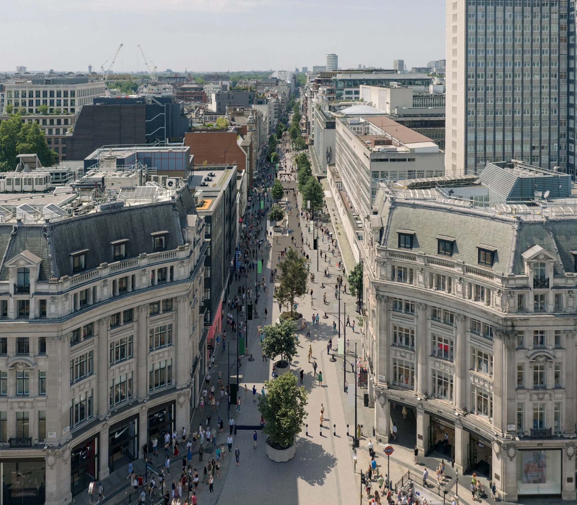 Visualisation of a pedestriansed Oxford Street from an arial view